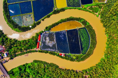 Free A vibrant aerial view showcasing a meandering river surrounded by colorful farmlands. Stock Photo