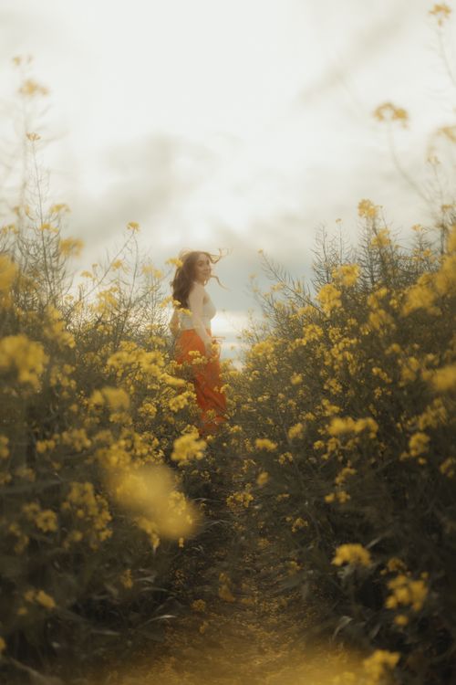 Free A woman walks through a yellow flower meadow in Leipzig, Germany, wearing red pants and a tank top. Stock Photo