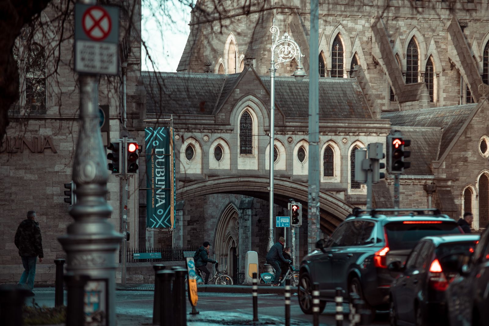 View of traffic and pedestrians near Christ Church Cathedral, Dublin