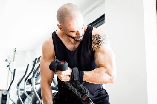 Muscular bald man with tattoos lifting weights in a bright gym.