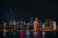 香港夜景的惊人镜头，以摩天大楼和维多利亚港为特色