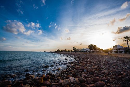 Free A tranquil coastal scene with palm trees at sunset, featuring a rocky shoreline and gentle waves. Stock Photo