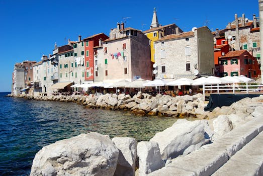 Charming colorful buildings along the coast of Rovinj, Croatia, under a clear blue sky.
