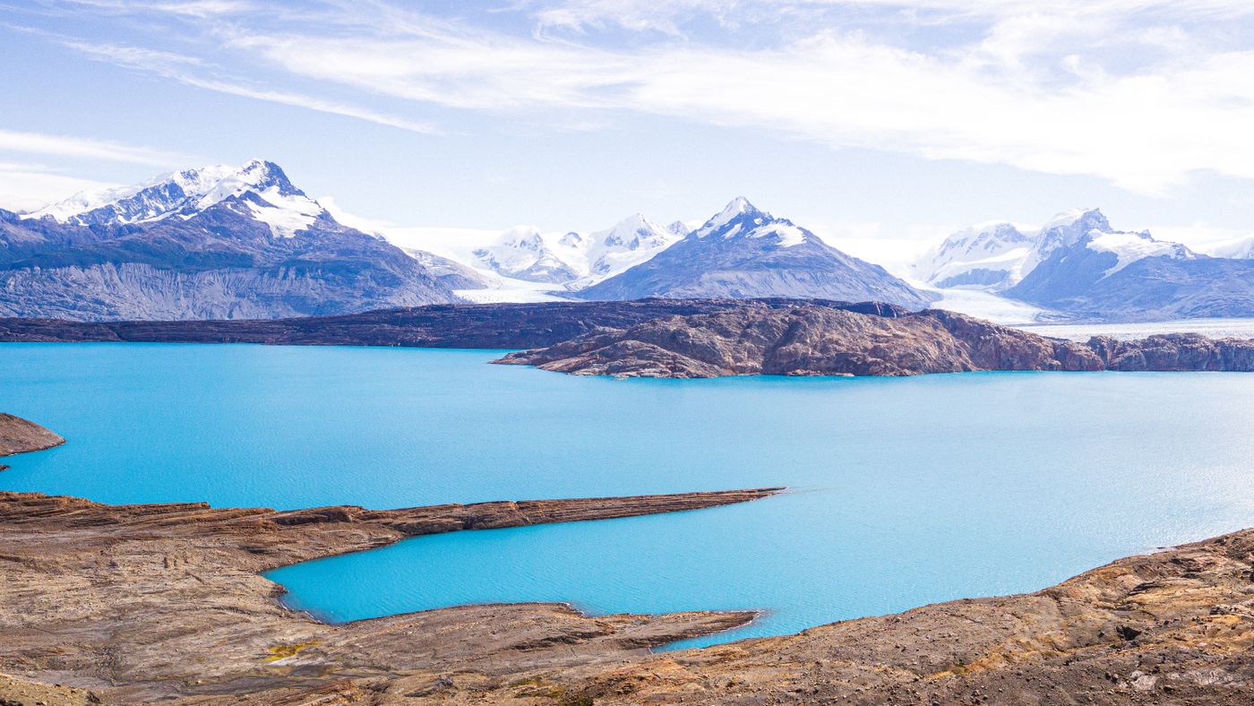 Turquoise water and mountains near the Upsala glacier in Argentine Patagonia