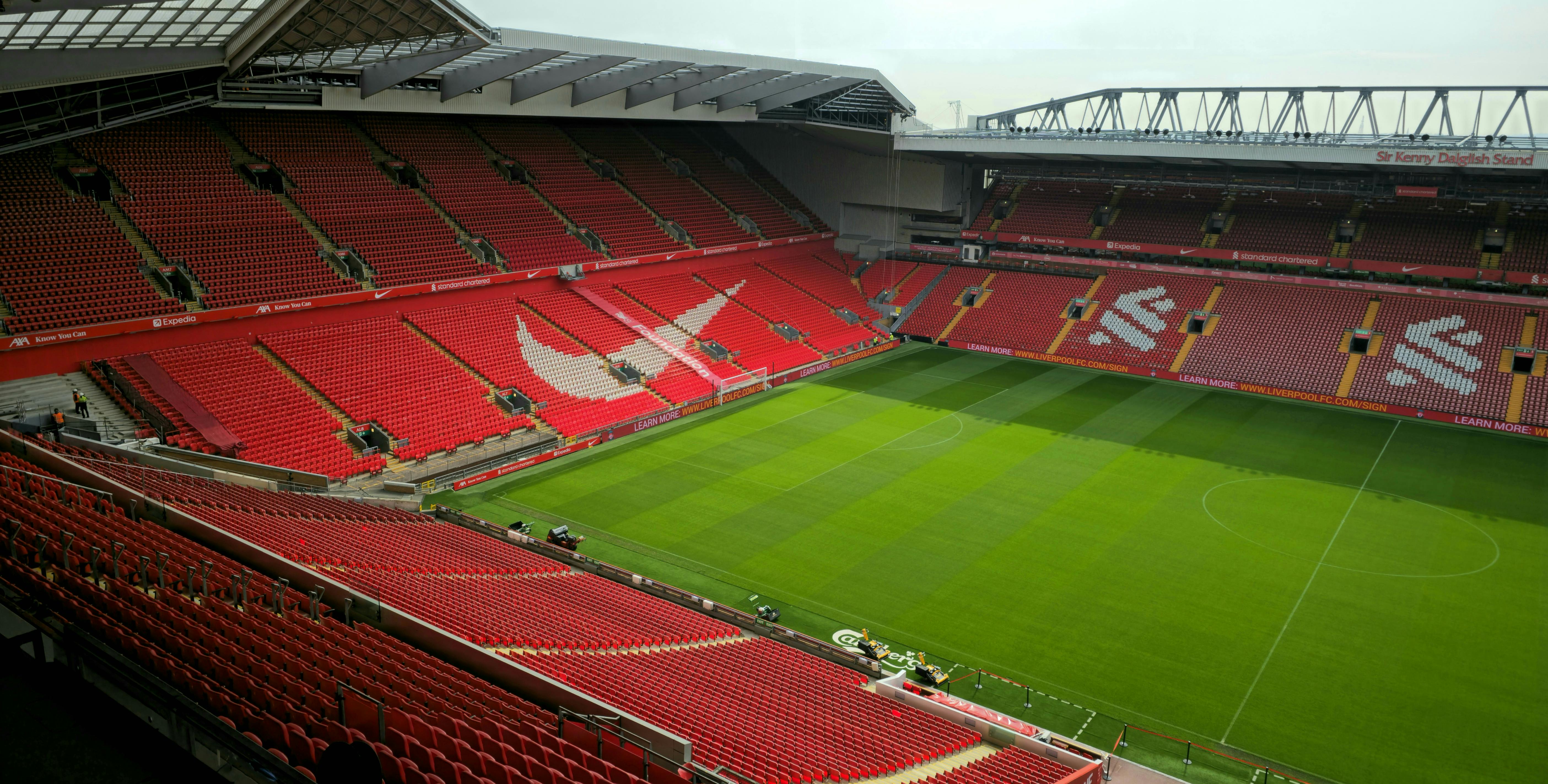 Aerial view of Anfield Stadium, Liverpool, showcasing its empty red seats and green pitch.