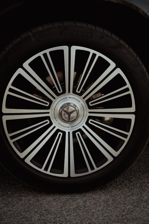 A close up of the wheel of a car