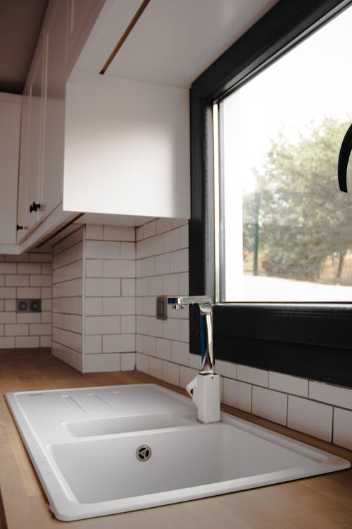 A sink in a kitchen with a window