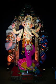 Colorful Ganesh idol adorned for Ganesh Chaturthi, Mumbai, India.