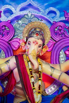 Vibrant and detailed statue of Lord Ganesha during a festival in Mumbai, India.