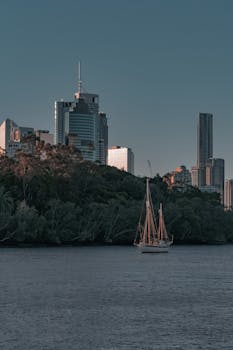 帆船在布里斯班河上巡航，背景是风景秀丽的城市天际线和郁郁葱葱的绿色