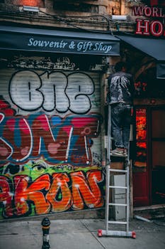 在充满活力的街道涂鸦附近，城市建筑上梯子工作的人