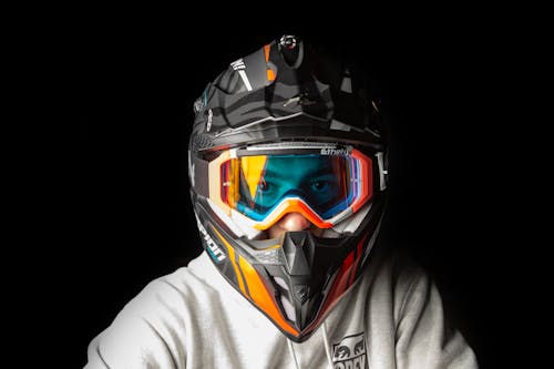 A person wearing a helmet with goggles on