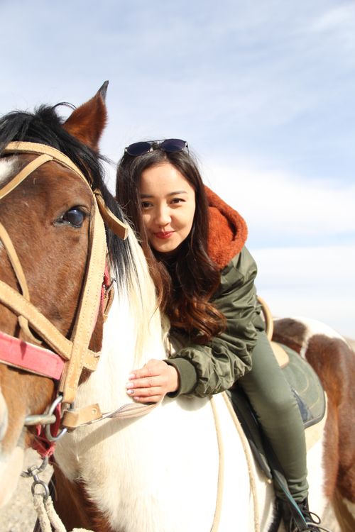 Free A cheerful young woman in a green jacket poses with a brown and white horse in a rural outdoor setting. Stock Photo