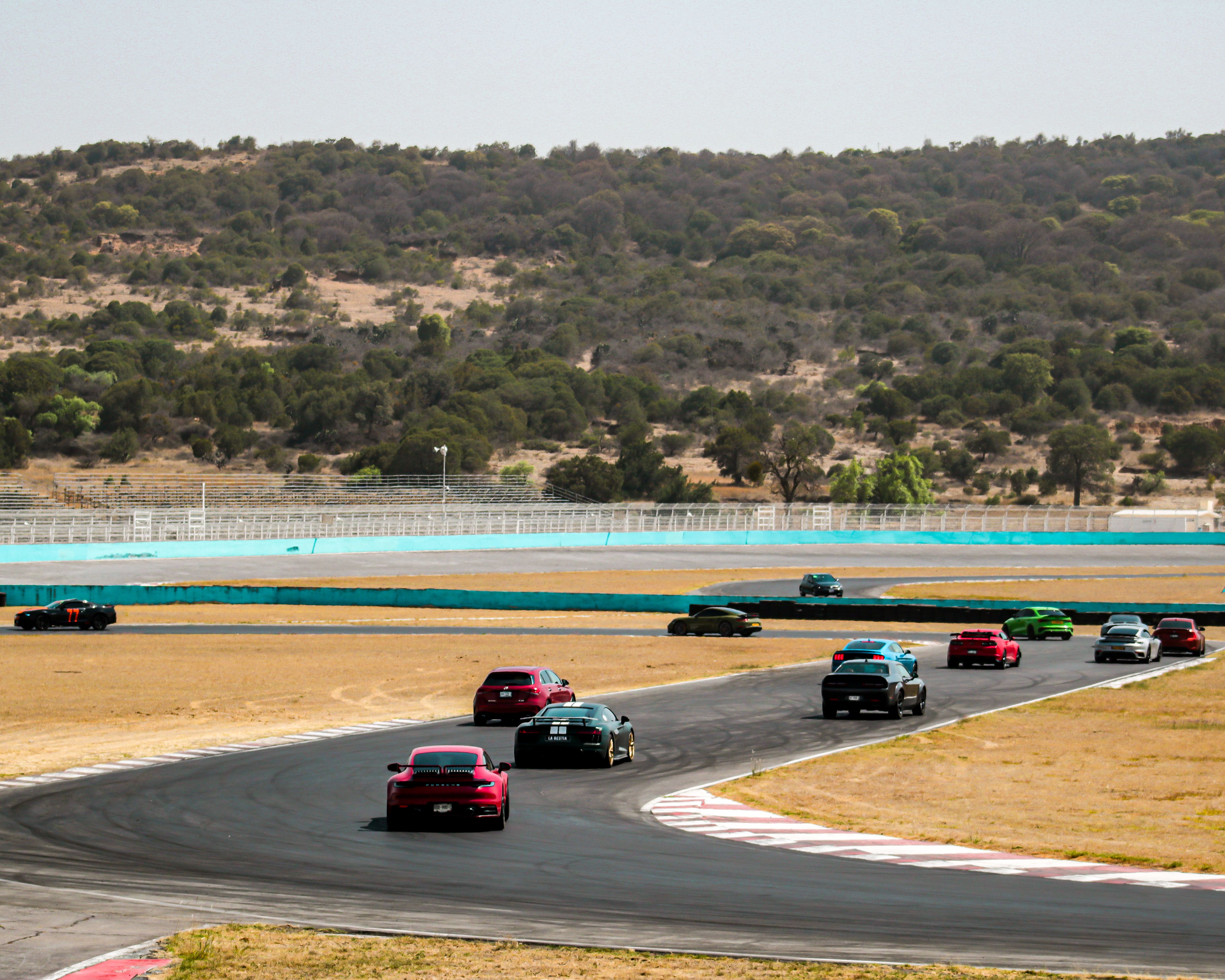 Colorful cars racing on an outdoor track, surrounded by nature