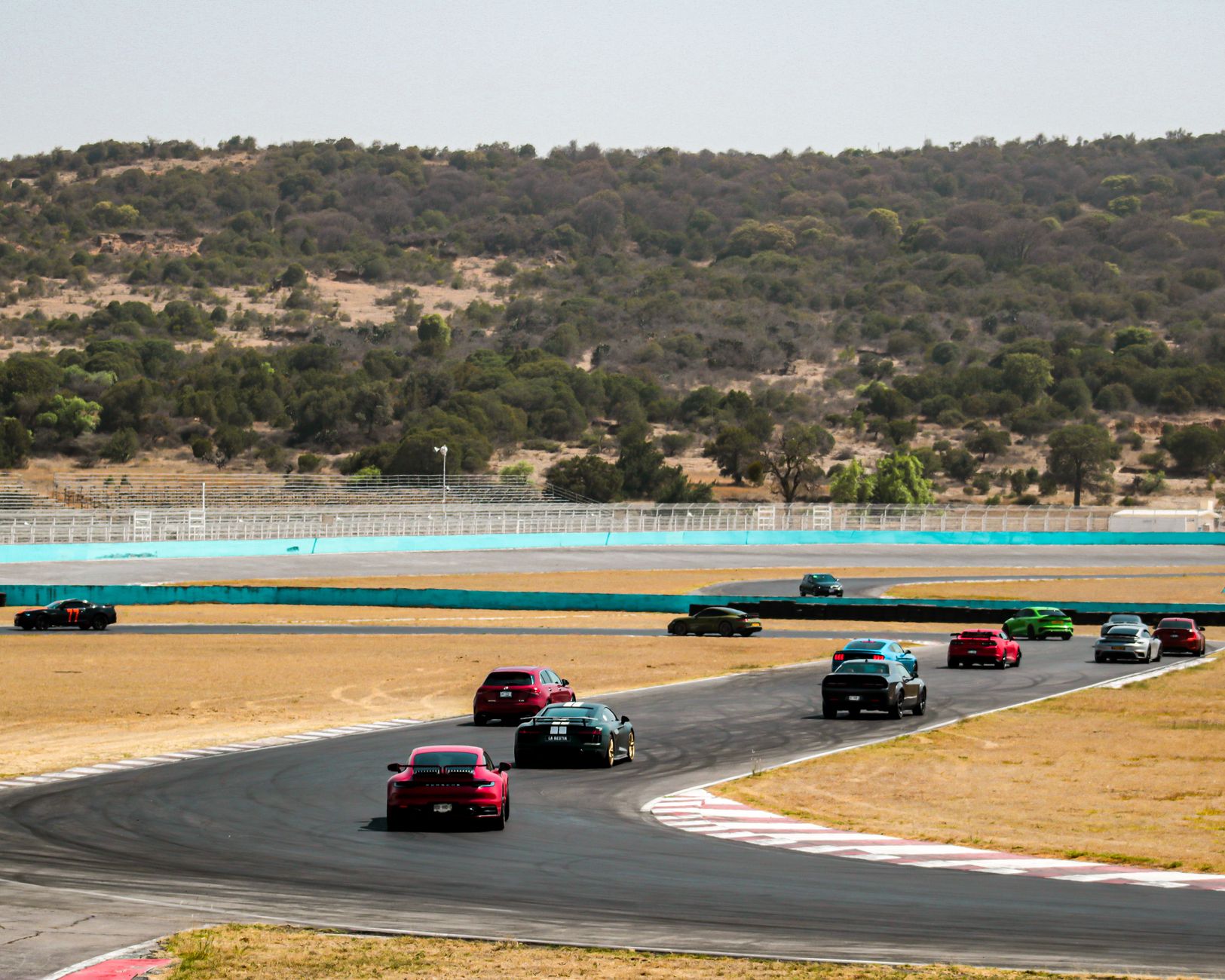 Colorful cars racing on an outdoor track, surrounded by nature