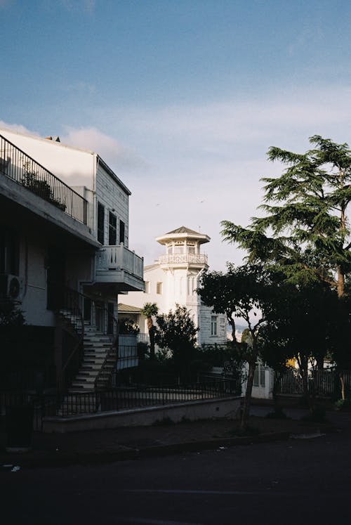 Free A street with a white building and a tree Stock Photo