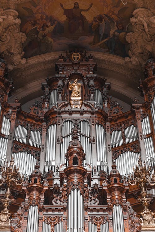A large organ with ornate carvings on the walls