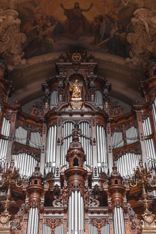 Free Ornate pipe organ within the Berlin Cathedral showcasing intricate craftsmanship. Stock Photo