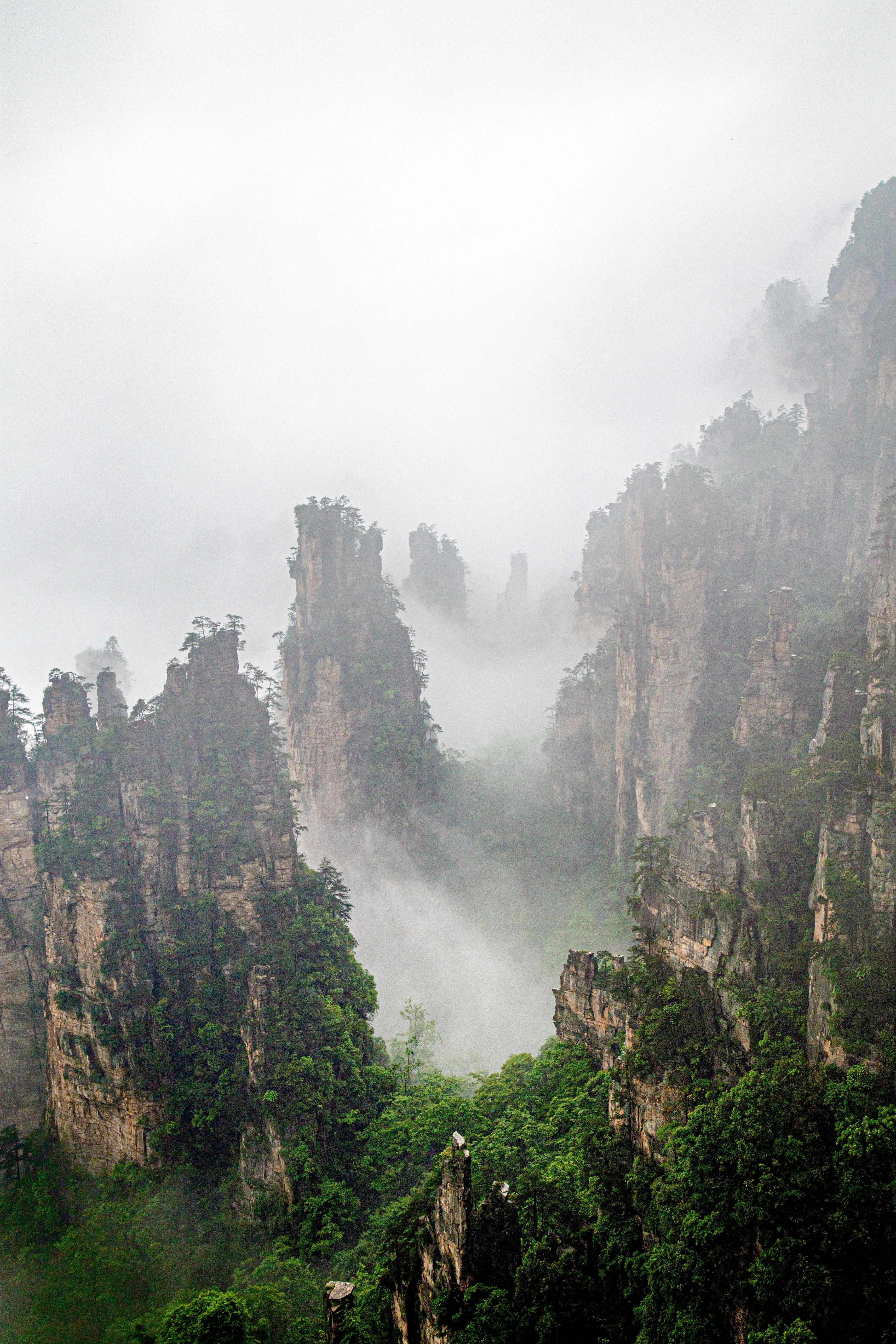 aerial shot of foggy mountain