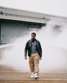 一个穿着皮夹克的男人，自信地走在雾蒙蒙的城市街道上
