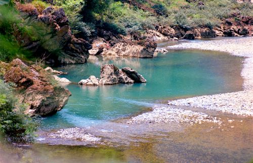 Free Idyllic view of a river with clear waters and rocky banks surrounded by lush greenery. Stock Photo
