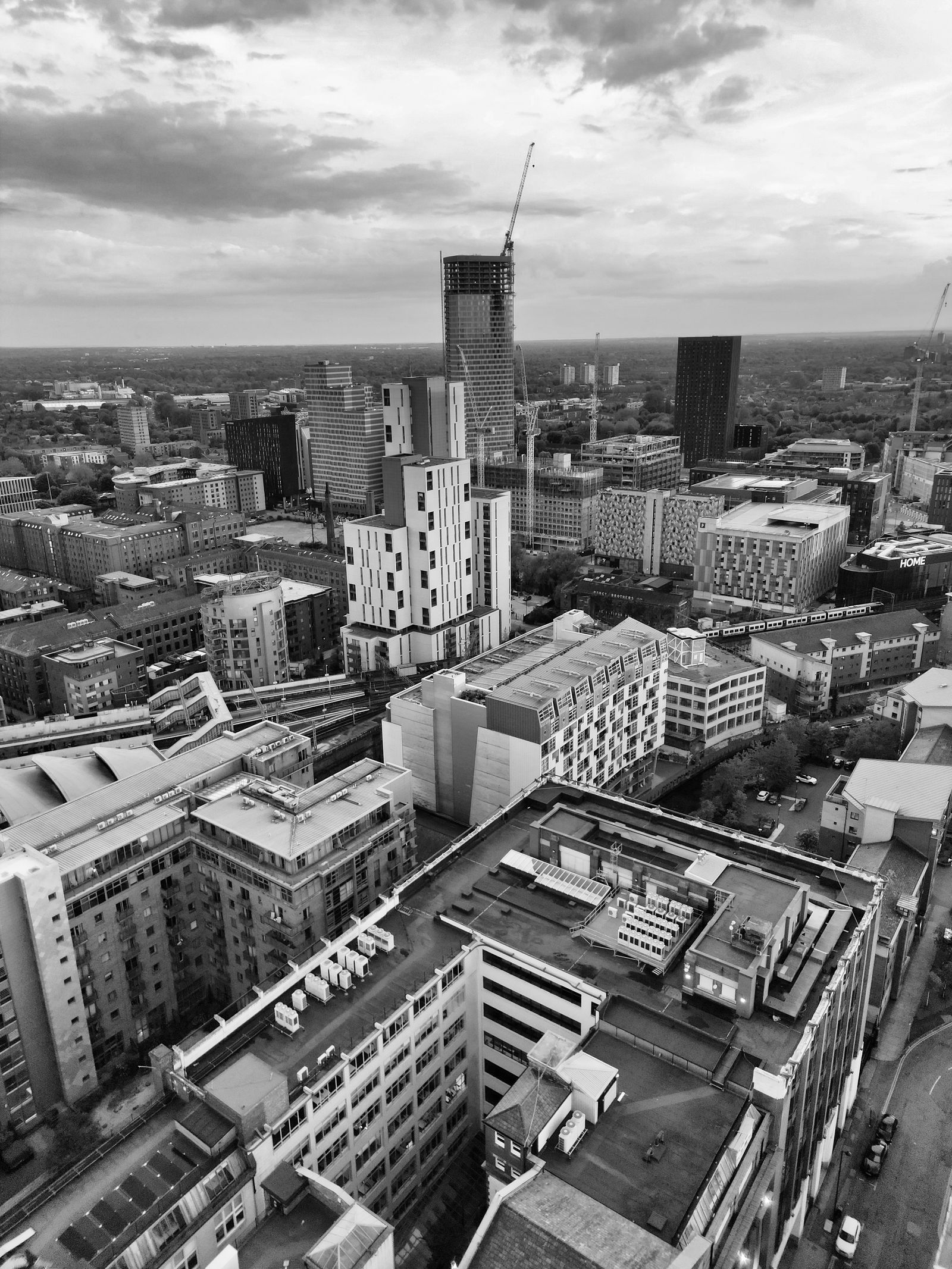 Aerial black and white view of Manchester architecture