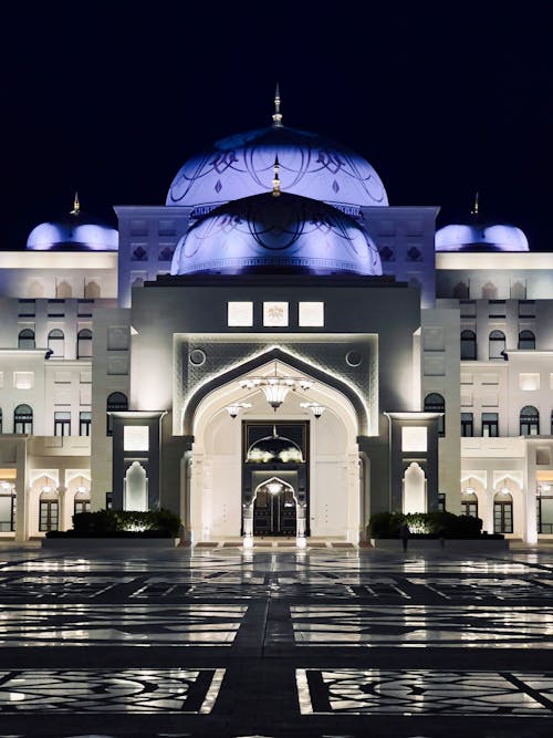 The entrance to the grand mosque at night
