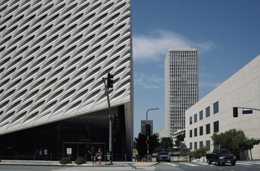Street view of contemporary architecture featuring The Broad Museum in Los Angeles.
