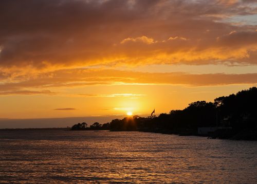 Free Tranquil sunset over a sea horizon with dramatic clouds and silhouetted trees. Stock Photo
