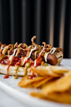 Close-up of a gourmet hot dog loaded with toppings and served with crispy fries.