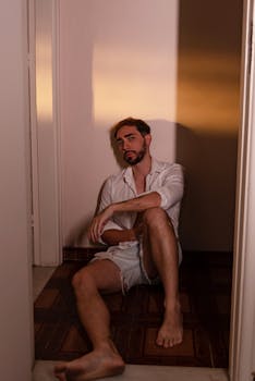 Casual fashion portrait of a pensive man sitting barefoot indoors with warm lighting.