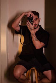 Portrait of a tattooed male photographer in a black shirt, capturing a stylish shot indoors.