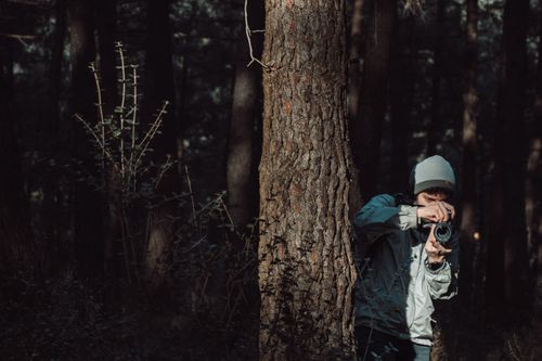 Free A photographer takes pictures in a dense, shadowy forest capturing the essence of nature. Stock Photo