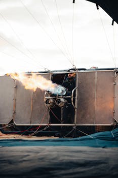 Hot air balloon preparation with flame in Ürgüp, Turkey at sunrise.