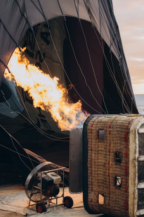 Free Close-up of a hot air balloon being inflated with flame in Ürgüp, Turkey. Stock Photo