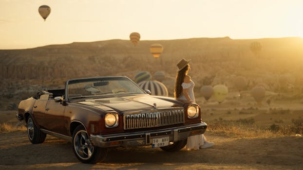 A scenic shot of a vintage car and hot air balloons during sunset in Ürgüp, Türkiye.