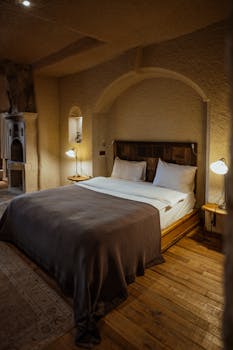 Warm and inviting cave-style room in Ürgüp, Türkiye, showcasing rustic design and comfort.
