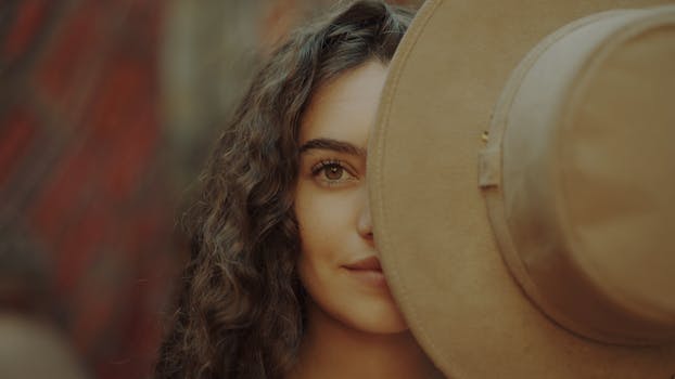 A captivating portrait of a young woman partially hidden behind a hat, emphasizing her eye and smile.