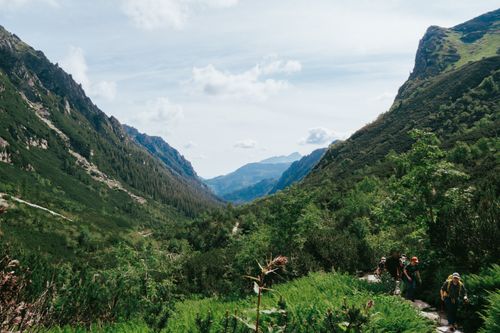 Free Lush green valley with hikers on a mountain trail under a bright sky. Stock Photo