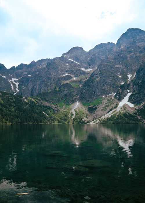 Free A breathtaking view of a serene mountain lake reflecting rugged peaks under a cloudy sky. Stock Photo