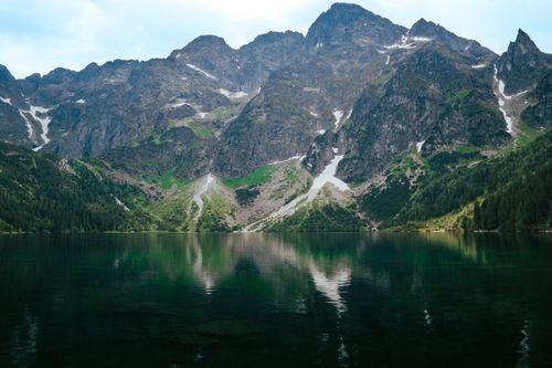 Free Tranquil mountain lake reflecting towering peaks and lush greenery, perfect for nature travel enthusiasts. Stock Photo