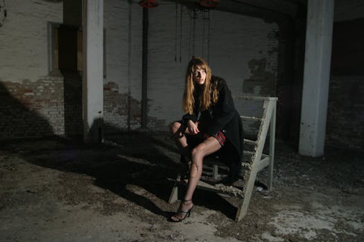 一个女人在废弃的建筑里摆姿势，投下神秘的阴影