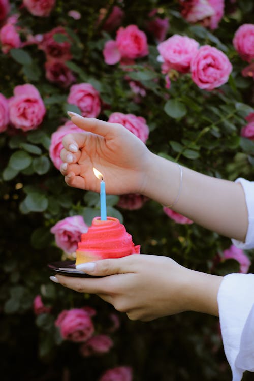 A person holding a cupcake with pink roses in the background