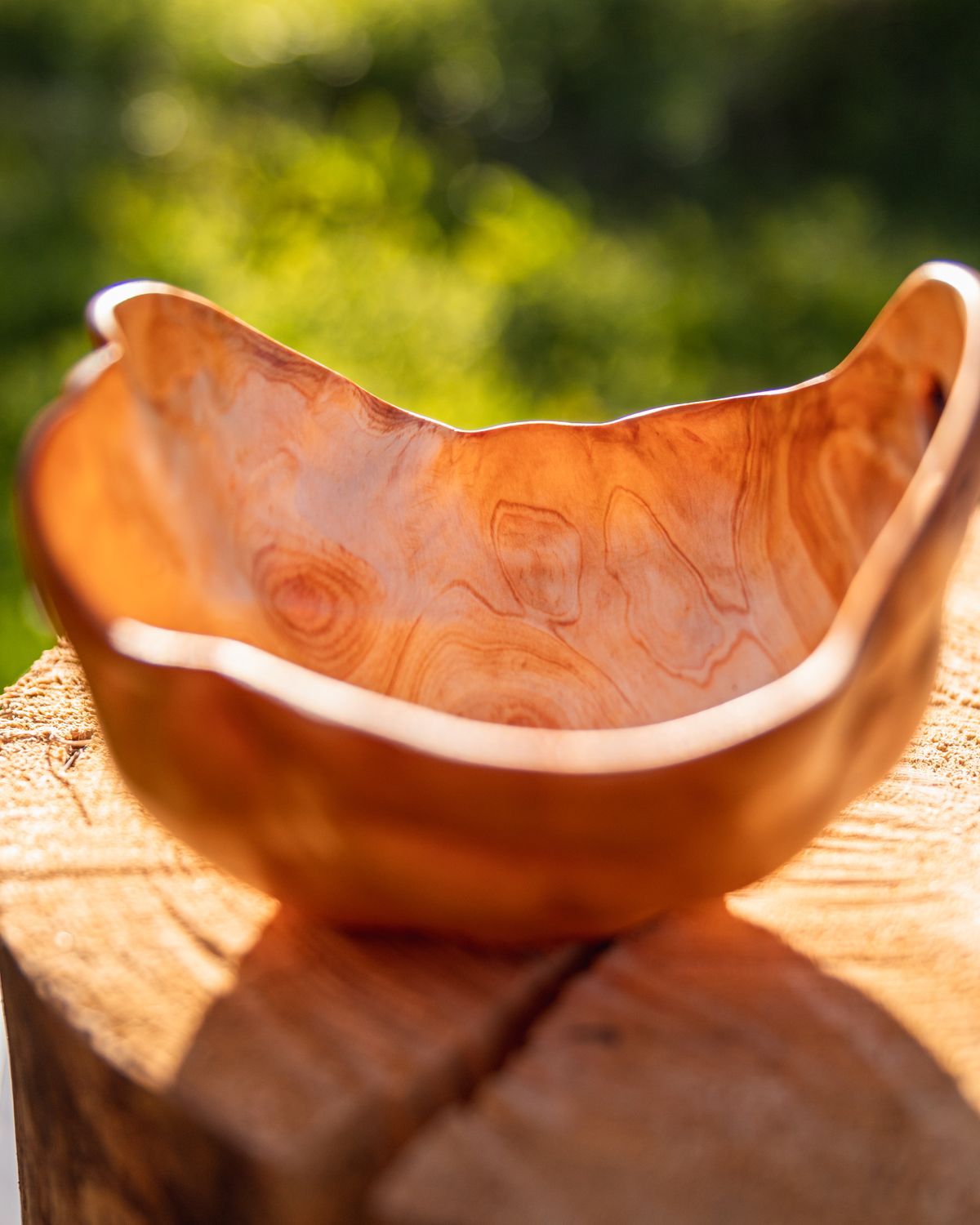 Hand-turned walnut bowl in warm sunlight