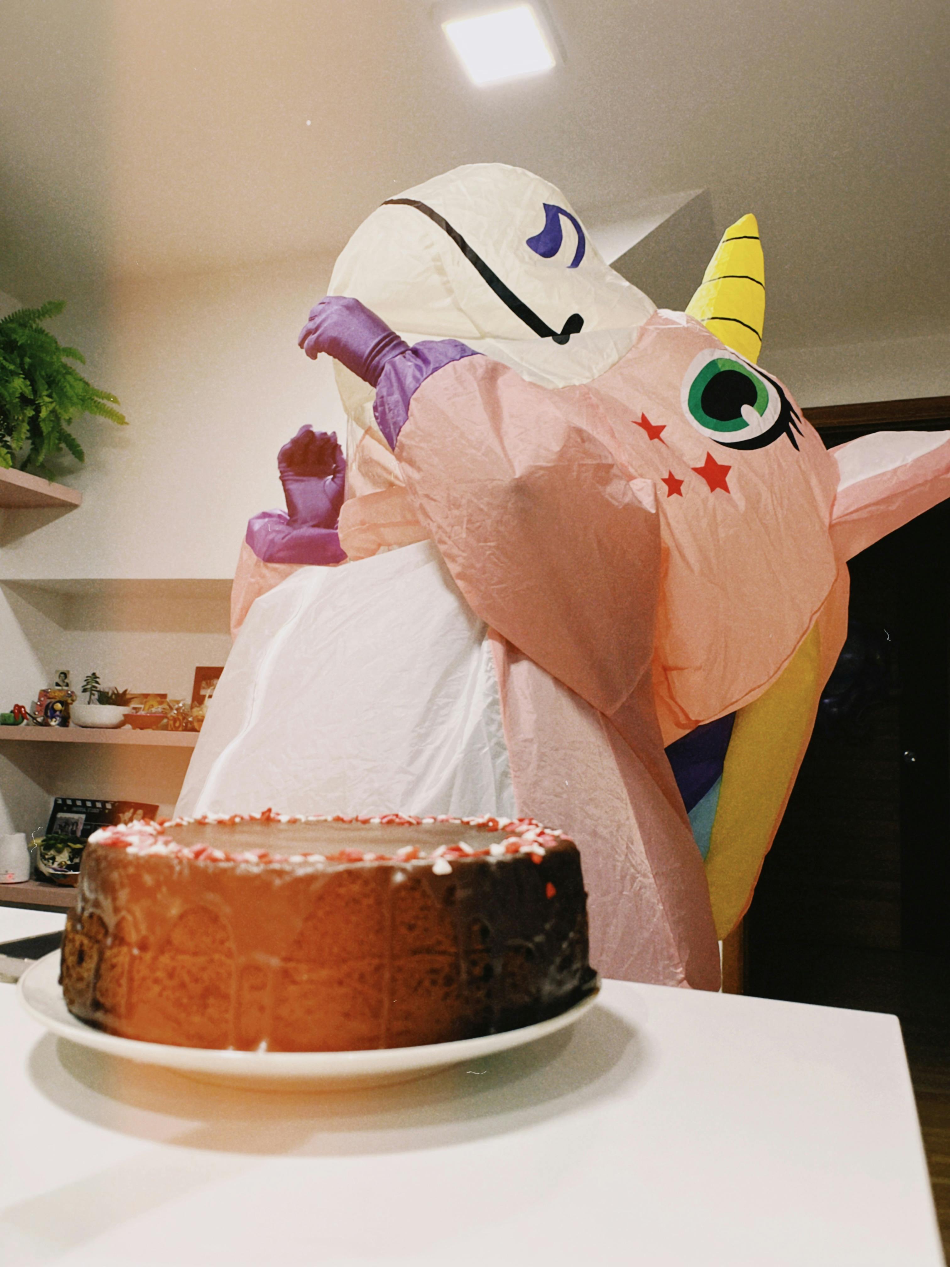 A joyful celebration scene featuring a person in a colorful unicorn costume and a chocolate cake.