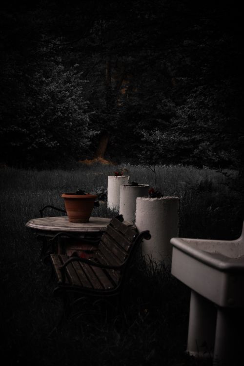 Free Dark and serene outdoor garden scene featuring benches, table, and flower pot at night. Stock Photo