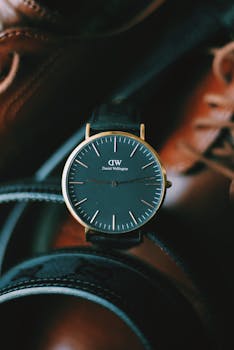 特写镜头中，一只光滑的手表被皮革配件环绕，突显出永恒的优雅