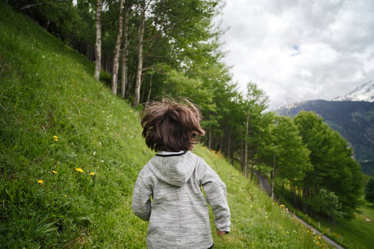 Toddler Wearing Gray Hoodie Running On Green Fields