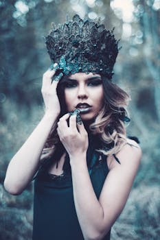 一位头戴装饰冠的女子肖像，背景是一片神秘的森林