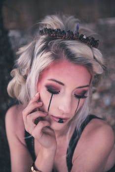 An artistic portrait of a woman with dramatic makeup, wearing a black crown, against a soft background.